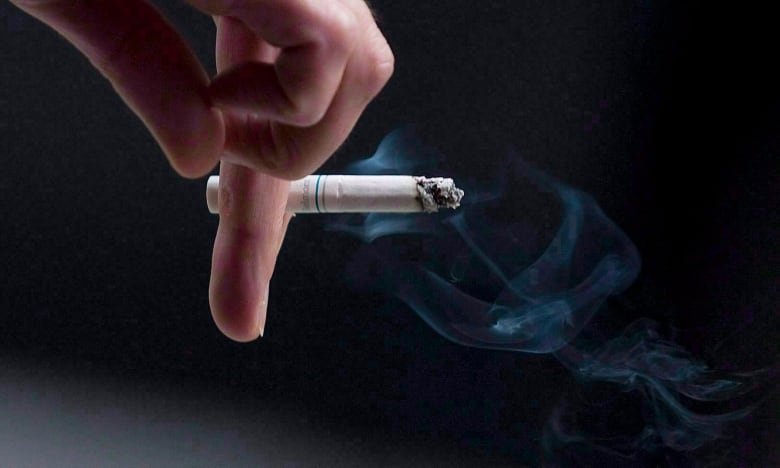 A hand is shown holding a lit cigarette.