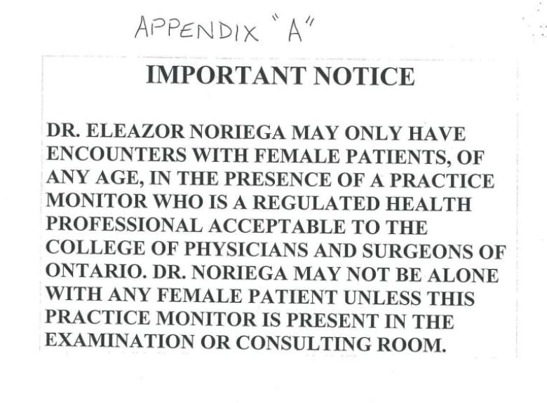 A sign warning patients of the professional restrictions imposed on the doctor in 2003.