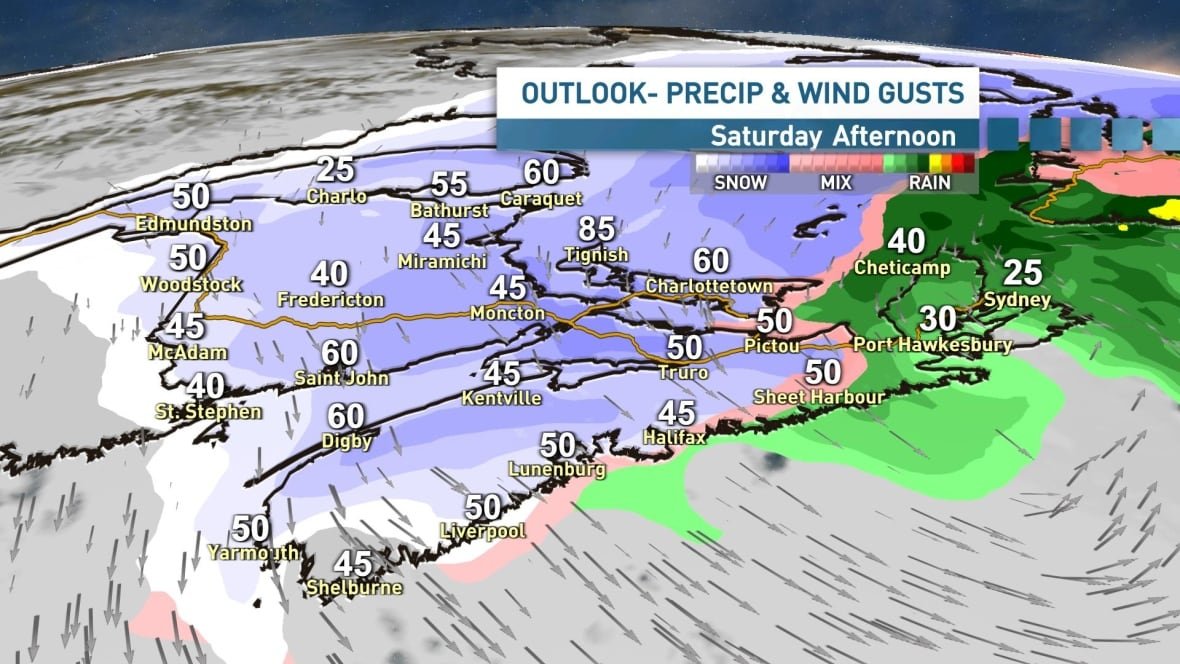 The heaviest snow will taper to flurries from south to north through Saturday afternoon and evening. A mix to rain for Cape Breton.