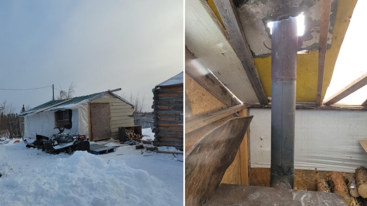 Shed in wintery setting and wood stove shown indoors