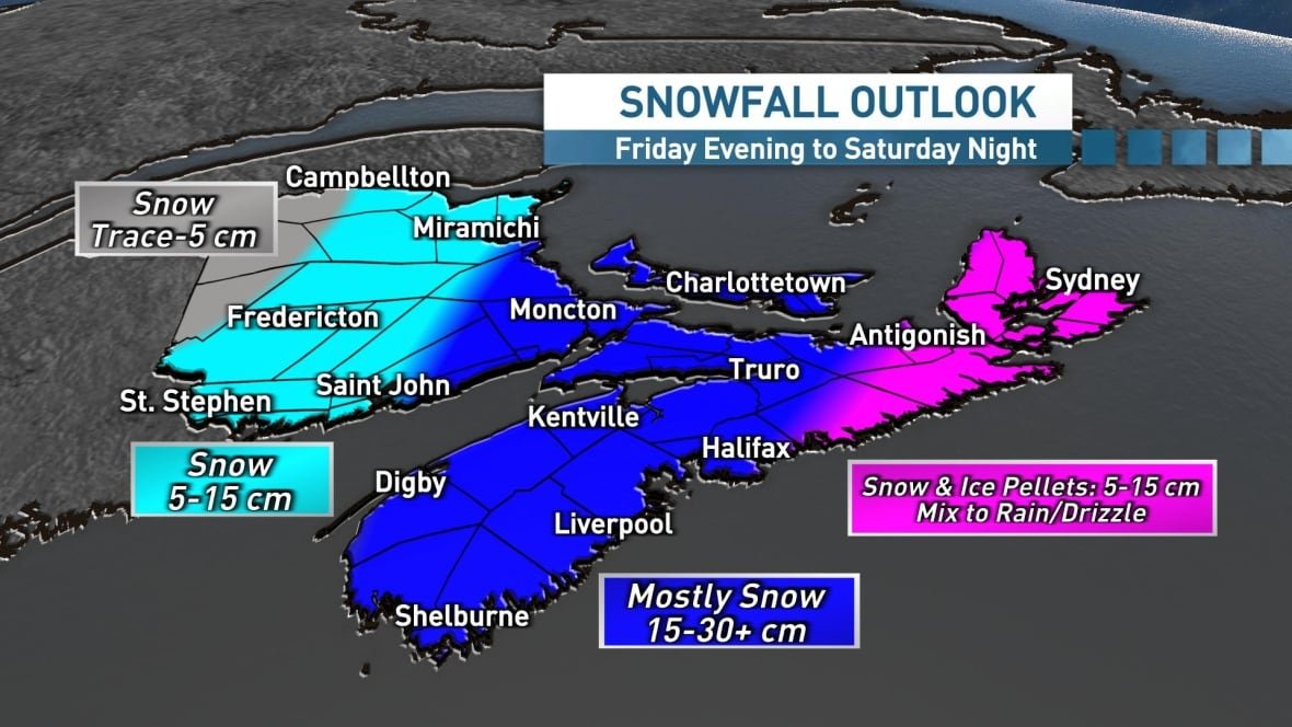 The heaviest snowfall is set for Nova Scotia, PEI and into southeastern NB.