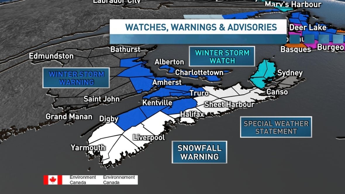 Winter storm warnings, snowfall warnings and special weather statements are in effect for Nova Scotia