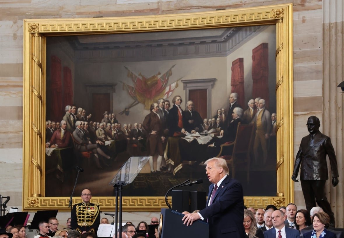 President Donald Trump speaks after taking the oath of office during the 60th Presidential Inauguration in the Rotunda of the U.S. Capitol in Washington, Monday, Jan. 20, 2025.