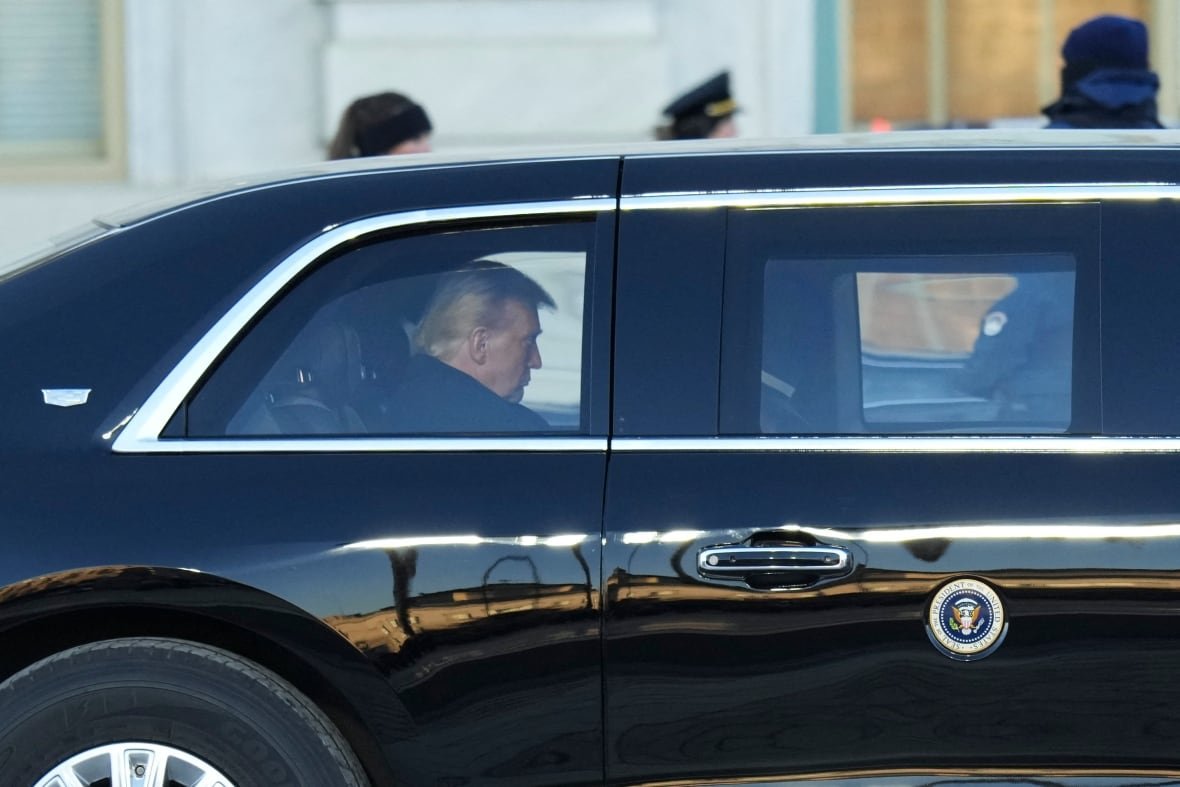 Side-view of face of U.S. President Donald Trump, as he sits in a vehicle outside the U.S. Capitol.